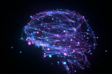Abstract neural network: glowing digital brain with purple and blue connections.