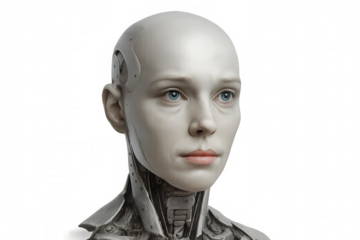 Female cyborg head showing human features and mechanical parts against a transparent background