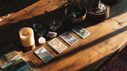 Mystic fortune teller reading glowing crystal ball and tarot cards by candlelight