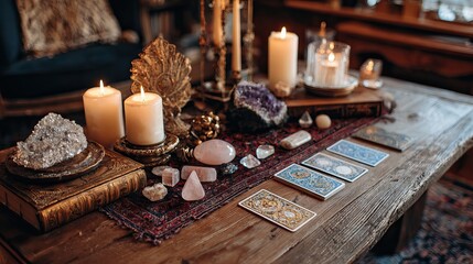 Mystic fortune teller reading glowing crystal ball and tarot cards by candlelight