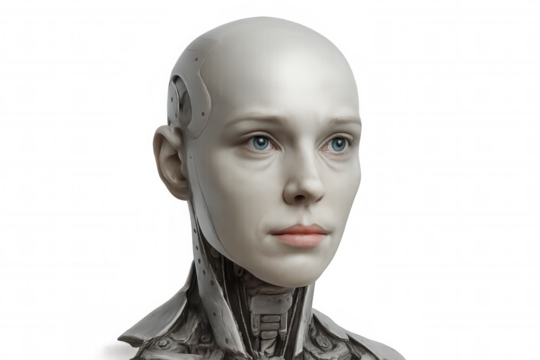 Female cyborg head showing human features and mechanical parts against a transparent background