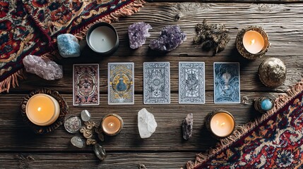 Mystic fortune teller reading glowing crystal ball and tarot cards by candlelight