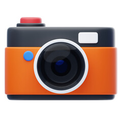 Modern Orange and Black Digital Camera With Red Button And Blue Accent Isolated On Transparent Background