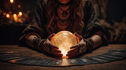 Mystic fortune teller reading glowing crystal ball and tarot cards by candlelight