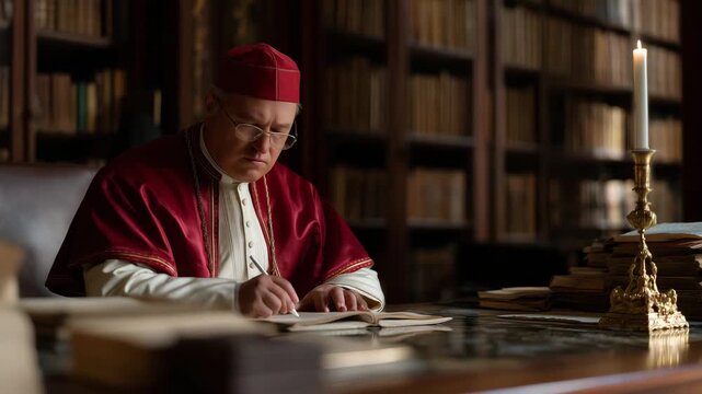 A cardinal in the Vatican Library examines illuminated manuscripts amid gold-leaf pages and candlelight, epitomizing religious scholarship, historical preservation, and sacred theo