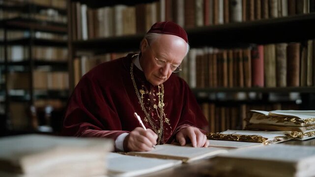 A cardinal studies illuminated manuscripts in the Vatican Library, enveloped by candlelight and gold-leaf pages, representing religious scholarship, historical preservation, and sa