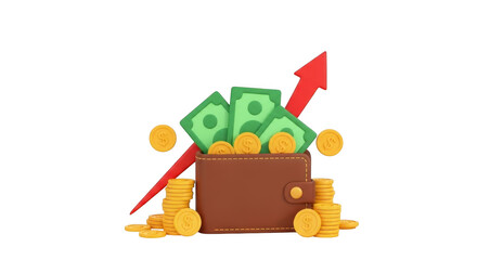 Obraz premium Wallet overflowing with cash and coins with upward trending arrow isolated on transparent background
