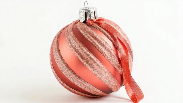 A pink Christmas ornament with a ribbon wrapped around it, ready for decorating the tree
