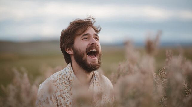 Portrait of a young man with a beard, standing in a field of tall grass. he is wearing a white shirt with a floral pattern and has a big smile on his face, showing his teeth.