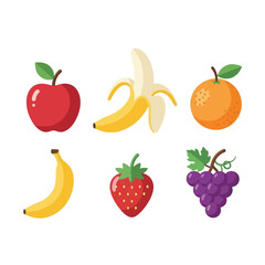 A vibrant collection of six distinct fruits, including an apple, banana, orange, strawberry, and grapes, artfully arranged for a visually appealing display.