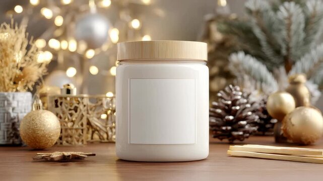 White cosmetic jar with blank label and wooden lid on table, surrounded by pinecones, golden ornaments, and lights, evoking holiday warmth