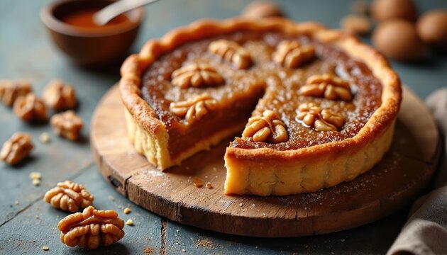 Traditional Bundner Nusstorte, classic Swiss walnut tart, features rich caramelized nut filling. Generous slice cut from whole round pastry on rustic wooden board. Whole walnuts, sauce bowl, raw eggs