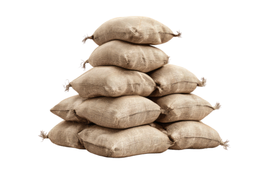A stack of beige burlap sacks.  They are tightly packed, forming a pyramid shape.  The sacks have knotted tops.  Isolated on black background