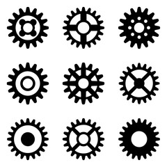 Vector art of nine different black gear icons