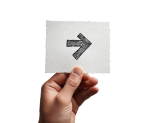 Hand holding a small white card with a drawn right-pointing arrow