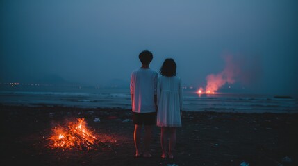 Two people stand on a beach at dusk, watching bonfires illuminate the ocean with a soft, warm glow.