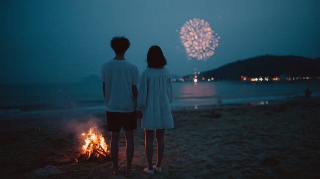 A couple stands by a beach bonfire, watching fireworks illuminate the night sky, creating a romantic and serene atmosphere.