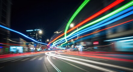 A busy city street at night with colorful lights and blurred traffic.