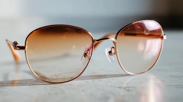 Elegant Round Sunglasses with Brown Gradient Lenses and Gold Frames Resting on a Textured Surface in Warm Sunlight Close Up Shot Style of Product Mockup