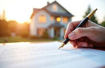 Person signs contract with fountain pen on paper in front of house during sunset. Hand holding pen writes on document. Blurred background of home and sun. Formal agreement.