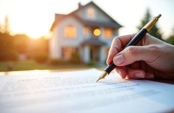 Person signs contract with fountain pen on paper in front of house during sunset. Hand holding pen writes on document. Blurred background of home and sun. Formal agreement.