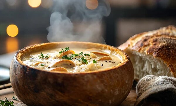 Hearty Steaming Clam Chowder in a Rustic Bread Bowl with Fresh Herbs.