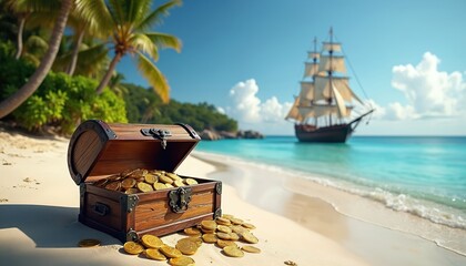 Open treasure chest full of shining gold coins on a white tropical island beach. Lush palm trees frame the scene. A classic sailing ship floats on the turquoise sea, hinting at adventure and paradise.