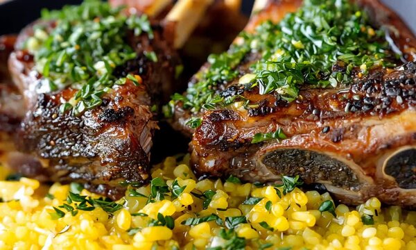 Close up of succulent ribs with herbs and corn kernels on a plate.