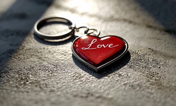 Glossy Red Heart Keychain with Love Inscription on Textured Surface.