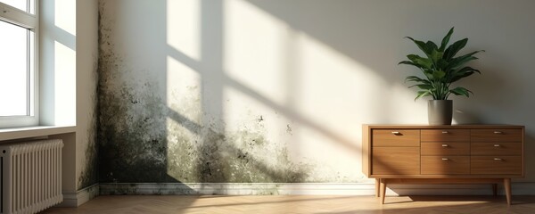 Mold grows on a wall next to a window and radiator. A wooden cabinet with a plant sits nearby in a room. Sun casts shadows on the affected wall.