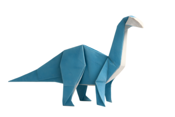 Blue Origami Brachiosaurus Paper Art on White Background