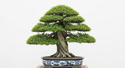 Fototapeta premium Beautifully Twisted Trunk Bonsai Tree in Blue and White Pot