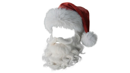 A fluffy white santa claus beard and mustache with a red and white santa hat isolated on transparent background