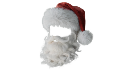 A fluffy white santa claus beard and mustache with a red and white santa hat isolated on transparent background