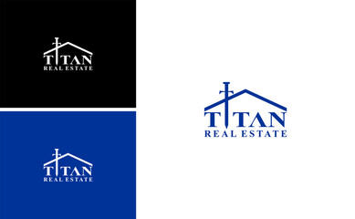 Titan Real Estate Logo Design with Sword and Roof Symbol Representing Strength and Stability in Modern Property and Construction Business Identity