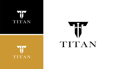 Titan Gladiator Letter T Logo Design with Shield and Mask Symbol for Strong Warrior Brand Identity in Modern Geometric and Minimalist Style