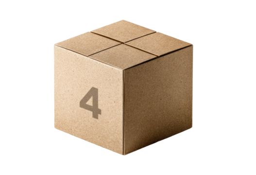 A light beige cardboard cube, showing a number 4 on one face.  The cube is three-dimensional and appears to be a package