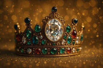 Regal Crown: This image showcases a stunning, ornate crown adorned with shimmering jewels, set against a radiant golden backdrop, evokes the grandeur of royalty.
