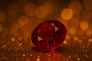 Radiant Ruby Gem: A striking ruby gem, showcasing its deep red hue and intricate facets, sparkles against a blurred golden backdrop, evoking feelings of luxury and elegance.