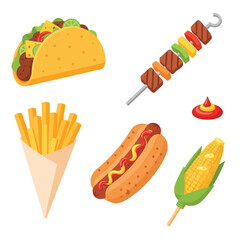 A collection of popular fast food items including a taco, french fries, hot dog, shish kebab, corn on the cob, and ketchup.