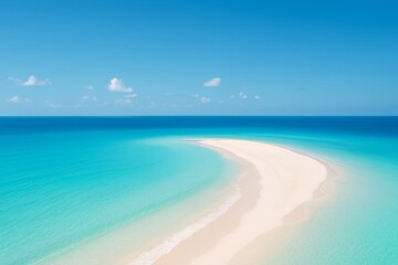 Azure Isle's Embrace: A pristine sandbar curves elegantly amidst the tranquil embrace of turquoise waters under a serene azure sky, offering a slice of paradise.