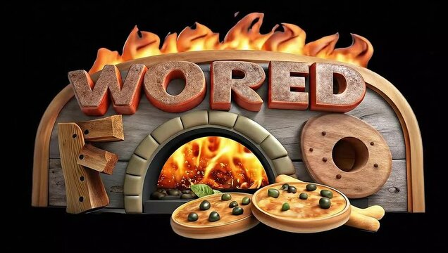 Illustration of wored foo sign with oven fire and pizza on a black background