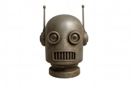Vintage robot head with antennas, metallic texture, symbolizing artificial intelligence and retro technology, transparent background