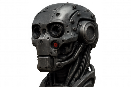 Cybernetic robot head with sophisticated artificial intelligence technology, creating human-machine interaction concept