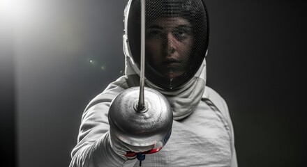 Female fencer in full gear posing with epee on dark background