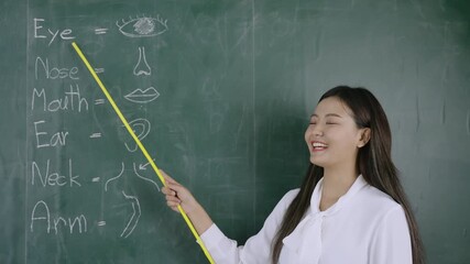 Video English class online concept. Happy Asian woman teacher standing holding pointer and teaching English language lesson on the blackboard via video call in the classroom. Back to school concept. 