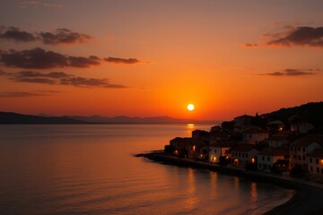 Sunset Over Coastal Town: A breathtaking panorama of a seaside village at dusk, where the sun dips below the horizon, casting a warm golden glow over the water and architecture.