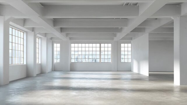 Expansive White Loft Space with Concrete Floor Featuring Large Windows and Structural Beams Offering Abundant Natural Light Casting Shadows in a Minimalist Interior Design for Adobe Stock
