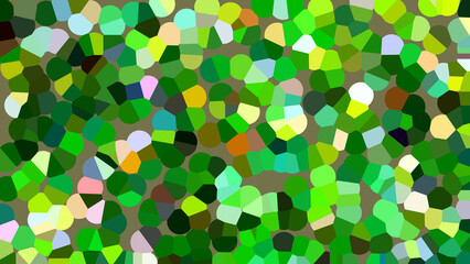 Abstract, vibrant cellular pattern with muted pastels, dark accents, and an olive-green background. Suggests a stained glass or pointillism style.