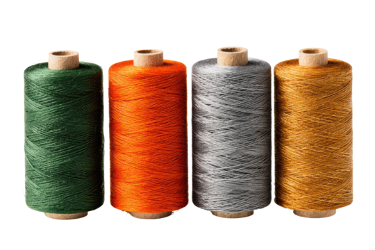 Four spools of thread in varying colors, presented in a row against a black background.  Each spool features a light-colored wooden spindle